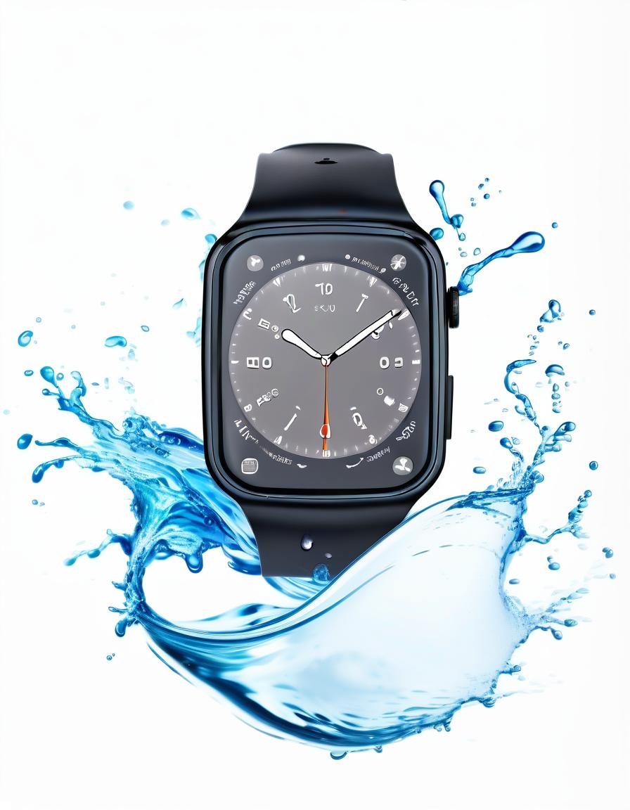  smart watch on a white background, around beautiful splashes of water, film photography style