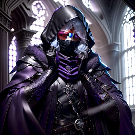  male, fairy, fascing viewer, purple eyes,long black mantle with deep cowl, curly hairstyle, human nose, silver hairs, deep cowl on head, leather gloves on hands,in a mask, no face visible, white mask, wide mask hyperrealistic, full body, detailed clothing, highly detailed, cinematic lighting, stunningly beautiful, intricate, sharp focus, f/1. 8, 85mm, (centered image composition), (professionally color graded), ((bright soft diffused light)), volumetric fog, trending on instagram, trending on tumblr, HDR 4K, 8K