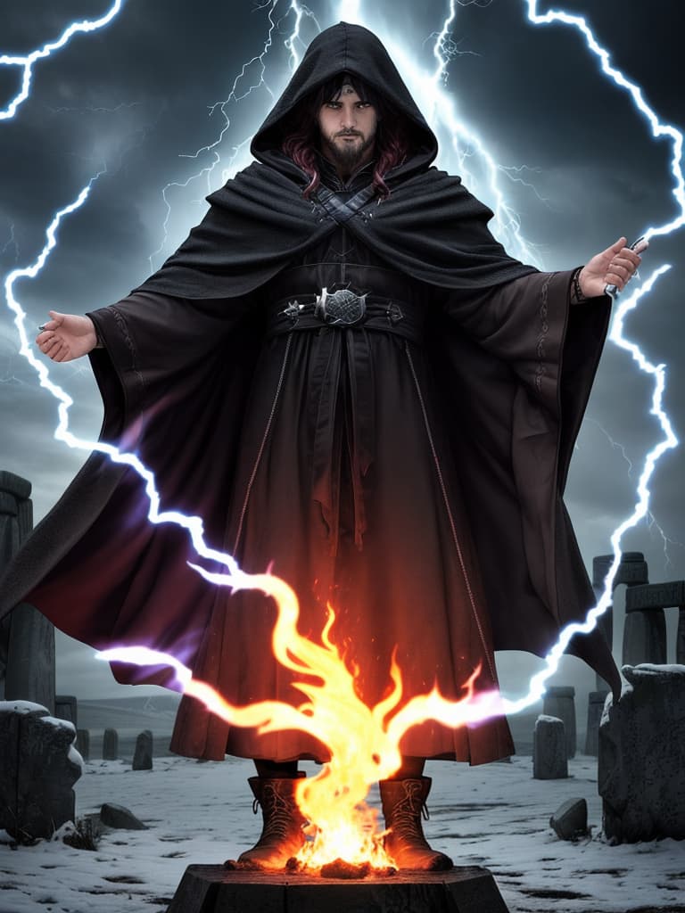  Pagan warlock, facing viewer, wearing a hooded cloak, his face hardened, eyes cold, a scar runs down the left side of his face; standing at an alter, conjuring a fire elemental from within Stonehenge during a thunder and lightning storm