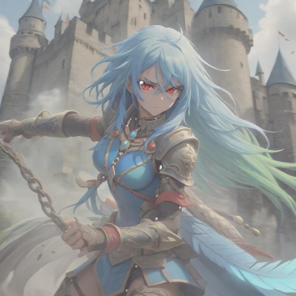  long exposure photo of portrait of strong rage amazonas lancer. red eye. long blue hair. tilting head down, lightgreen mantle, shoulder pad feather, accessory necklace with pearls on the forehead, against the background of the castle siege . blurred motion, streaks of light, surreal, dreamy, ghosting effect, highly detailed, sticker, hkmagic