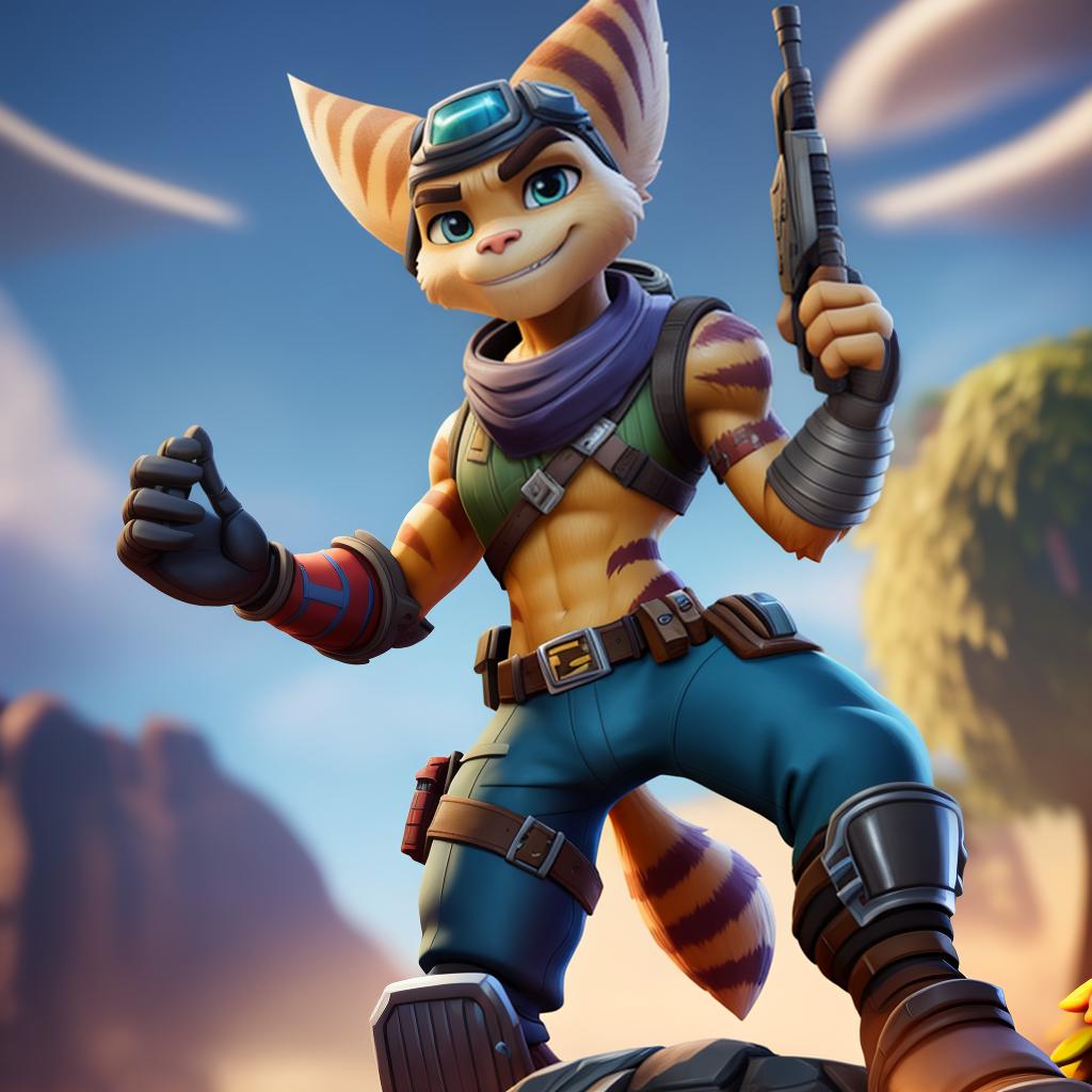  Male ratchet and clank (fortnite), full body, high quality resolution, open eyes, digital art, masterpiece, 4k, fine details,