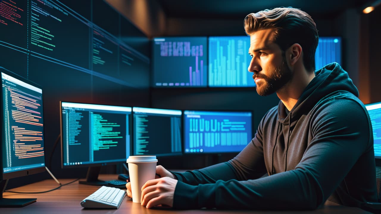  a programmer at a desk, surrounded by multiple screens displaying lines of code, api documentation, and flowcharts, with a coffee cup nearby, deep in thought, illuminated by soft blue light. hyperrealistic, full body, detailed clothing, highly detailed, cinematic lighting, stunningly beautiful, intricate, sharp focus, f/1. 8, 85mm, (centered image composition), (professionally color graded), ((bright soft diffused light)), volumetric fog, trending on instagram, trending on tumblr, HDR 4K, 8K