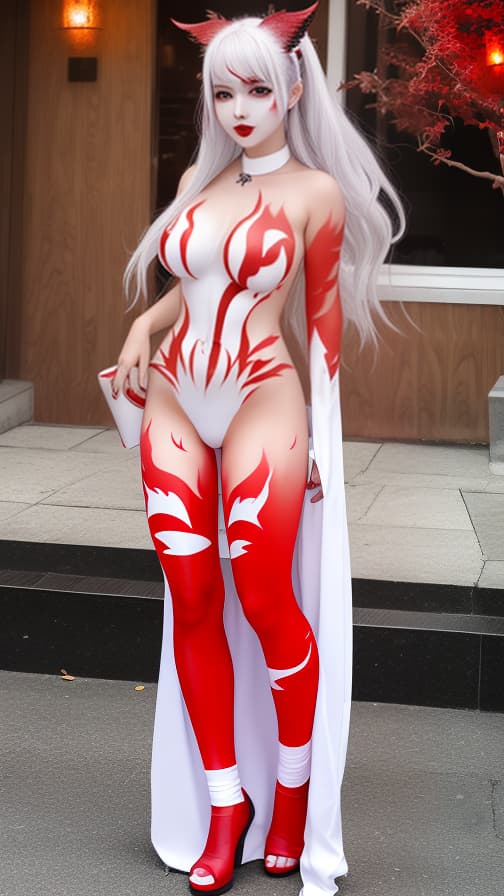  Full body red and silver flame pattern body paint, White body paint on the whole body, red flame pattern face paint on the face, succubus, full body image 女性