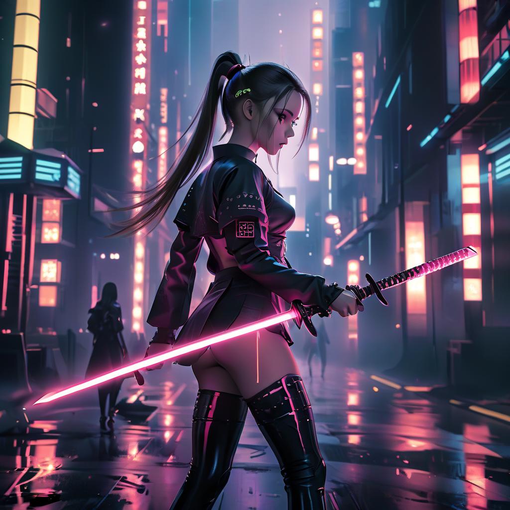  a slender athletic girl with long legs, very high heeled shoes, in her hand a long samurai katana sword, hair tied in a ponytail, in the style of japanese cyberpunk, in bangkok, photo below, in the style of christopher nolan, high quality photography, in an epic pose, glowneon