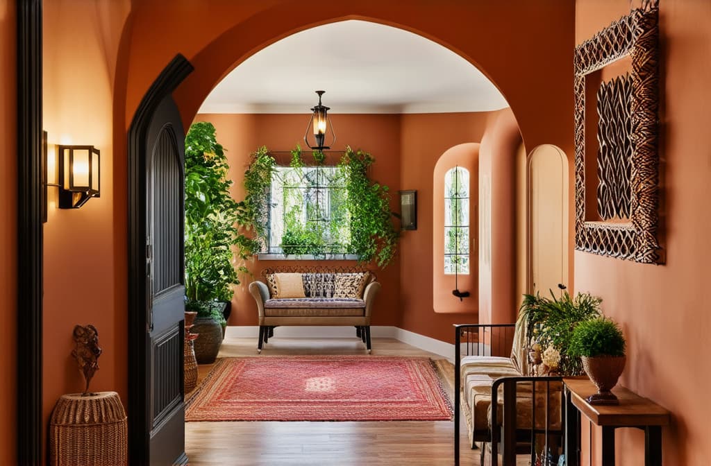  boho, mediterranean interior design of modern home entryway, hall with arched walls. ar 3:2 {prompt}, maximum details