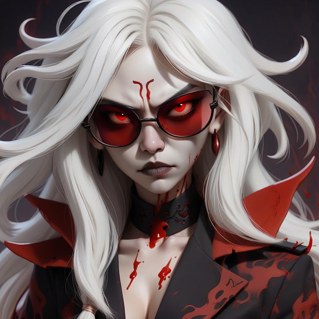  demon , white hair, asian, red shades, blood on the face, 