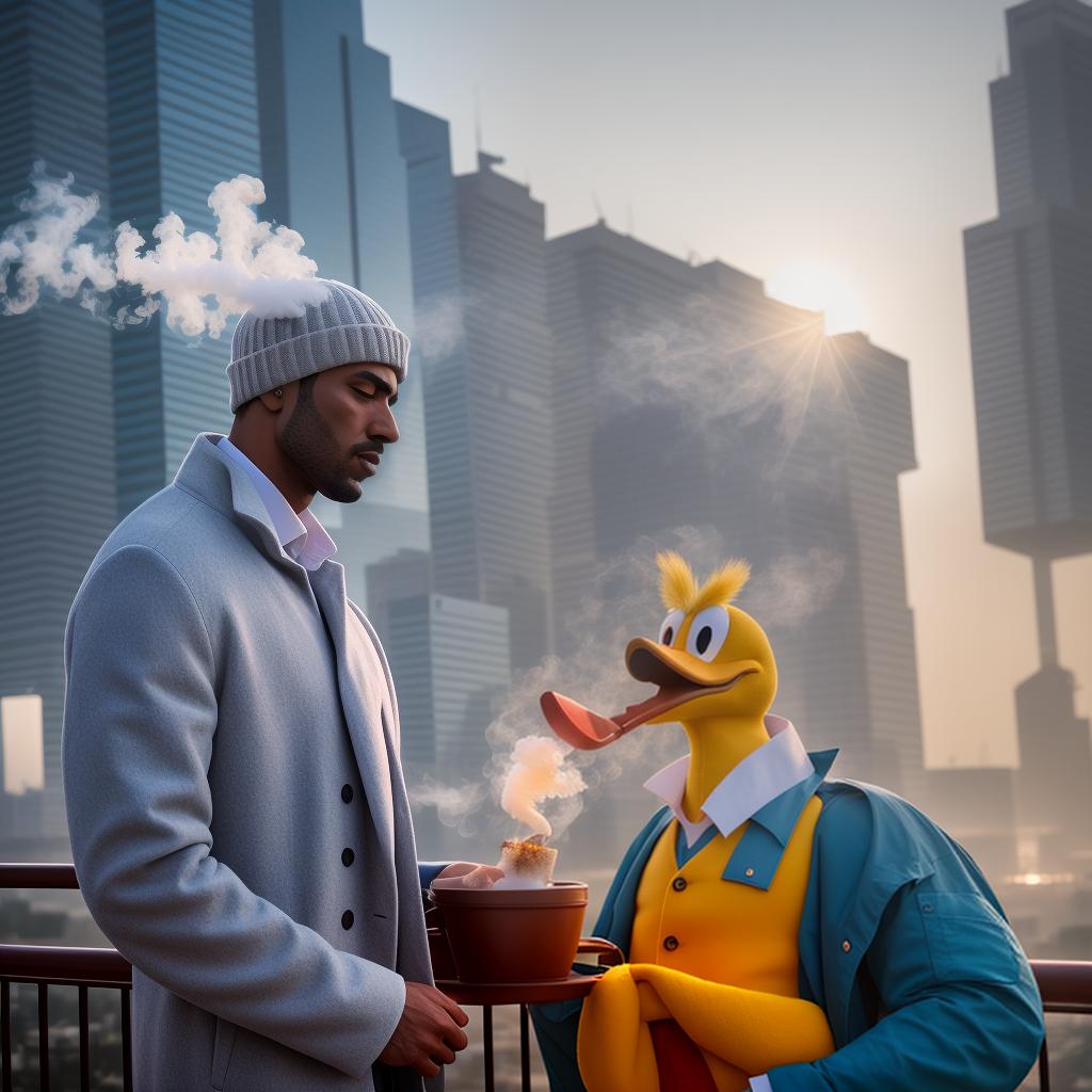  Donald duck smoking and next to it flying dollars in Dubai , (high detailed skin:1.2), 8k uhd, dslr, soft lighting, high quality, film grain, Fujifilm XT3 hyperrealistic, full body, detailed clothing, highly detailed, cinematic lighting, stunningly beautiful, intricate, sharp focus, f/1. 8, 85mm, (centered image composition), (professionally color graded), ((bright soft diffused light)), volumetric fog, trending on instagram, trending on tumblr, HDR 4K, 8K