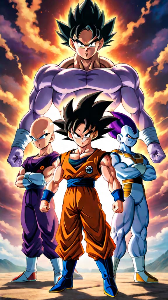  an anime art of goten facing off against frieza saga goku and vegeta, contemplating their matchup. hyperrealistic, full body, detailed clothing, highly detailed, cinematic lighting, stunningly beautiful, intricate, sharp focus, f/1. 8, 85mm, (centered image composition), (professionally color graded), ((bright soft diffused light)), volumetric fog, trending on instagram, trending on tumblr, HDR 4K, 8K