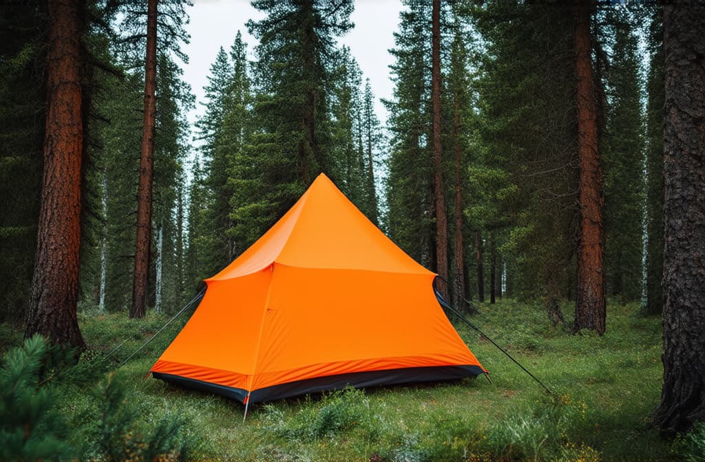  professional detailed photography, orange tent in pine forest, sunny day ar 3:2, (muted colors, dim colors, soothing tones), (vsco:0.3)