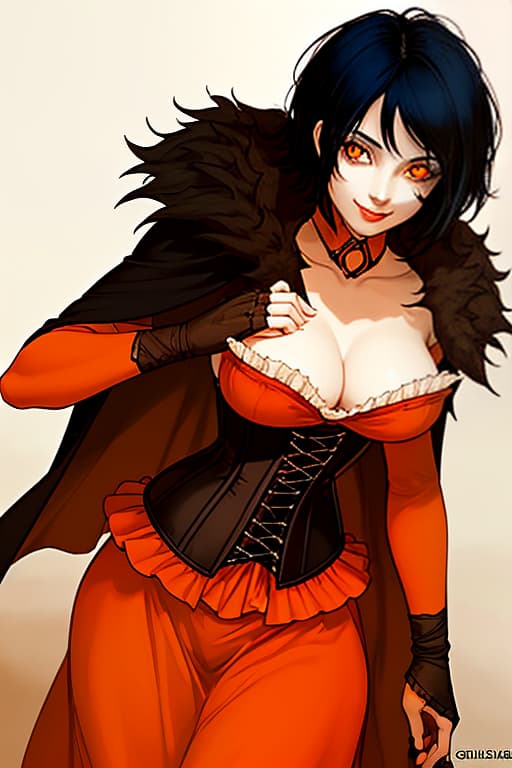  (dark shot:1.1), epic realistic, a beautiful, grown up woman, smiling cheekily. bright orange pupils. short black hair. corset. big chest dark background. on his shoulders is a fur collared cape. older., faded, (neutral colors:1.2), (hdr:1.4), (muted colors:1.2), hyperdetailed, (artstation:1.4), cinematic, warm lights, dramatic light, (intricate details:1.1), complex background, (rutkowski:0.66), (teal and orange:0.4)