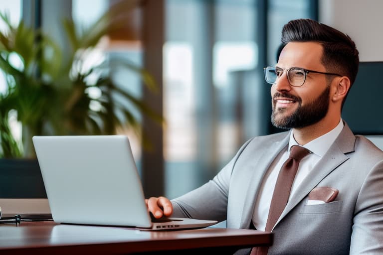  Handsome happy businessman in modern office looking on laptop, realistic, professional shot, sharp focus, 8K, insanely detailed, intricate, elegant, intricate office background