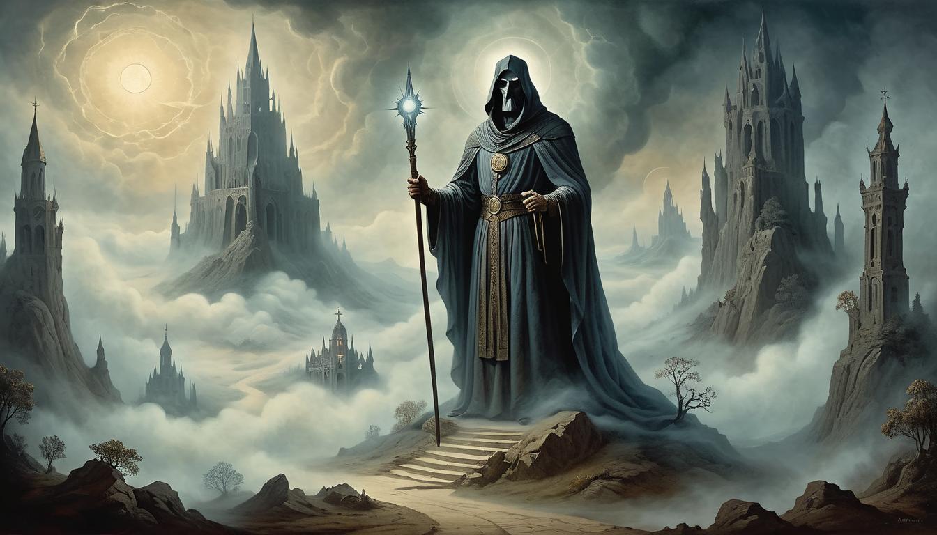  on parchment, surrealism+++, a towering figure shrouded in mist, celestial light illuminating its form, imposing and awe inspiring, terror and admiration(mysterious, provocative, symbolic,muted color)+++