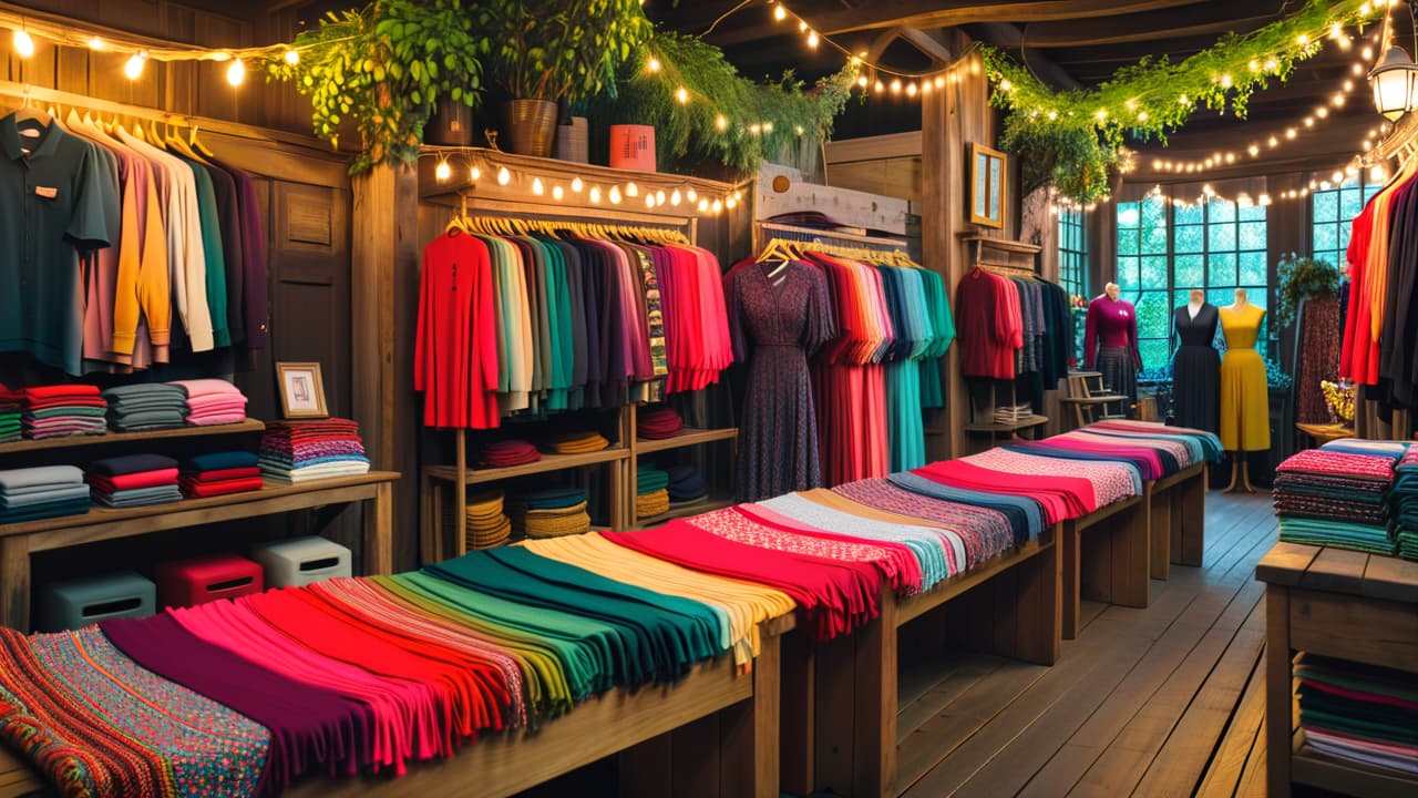  a vibrant marketplace scene showcasing diverse upcycled clothing items displayed on rustic wooden tables, with creative tags, colorful fabrics, and unique designs, surrounded by curious shoppers and a backdrop of greenery and twinkling fairy lights. hyperrealistic, full body, detailed clothing, highly detailed, cinematic lighting, stunningly beautiful, intricate, sharp focus, f/1. 8, 85mm, (centered image composition), (professionally color graded), ((bright soft diffused light)), volumetric fog, trending on instagram, trending on tumblr, HDR 4K, 8K