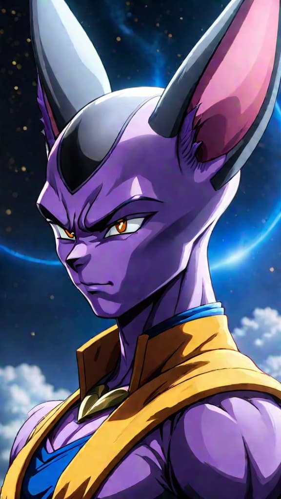  create an anime art of beerus from dragon ball super contemplating his status as the ultimate god of destruction. hyperrealistic, full body, detailed clothing, highly detailed, cinematic lighting, stunningly beautiful, intricate, sharp focus, f/1. 8, 85mm, (centered image composition), (professionally color graded), ((bright soft diffused light)), volumetric fog, trending on instagram, trending on tumblr, HDR 4K, 8K