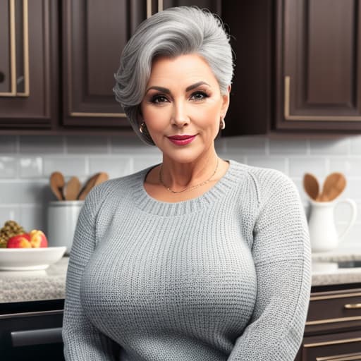  A Picture of a beautiful mature woman with short gray hair with large firm, natural tits and a big sexy ass , hair up in a bun wearing a sweater in the kitchen, highly detailed face, as possible quality, ((masterpiece, best quality)), (intricate details, hyperdetailed:1.15), Detailed background, HDR 4K, 8K