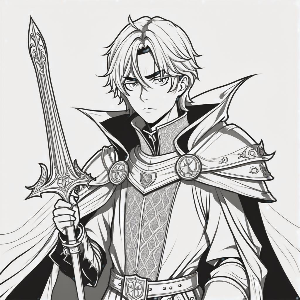  line art drawing medieval young highlord, same nightmare. anime style . professional, sleek, modern, minimalist, graphic, line art, vector graphics