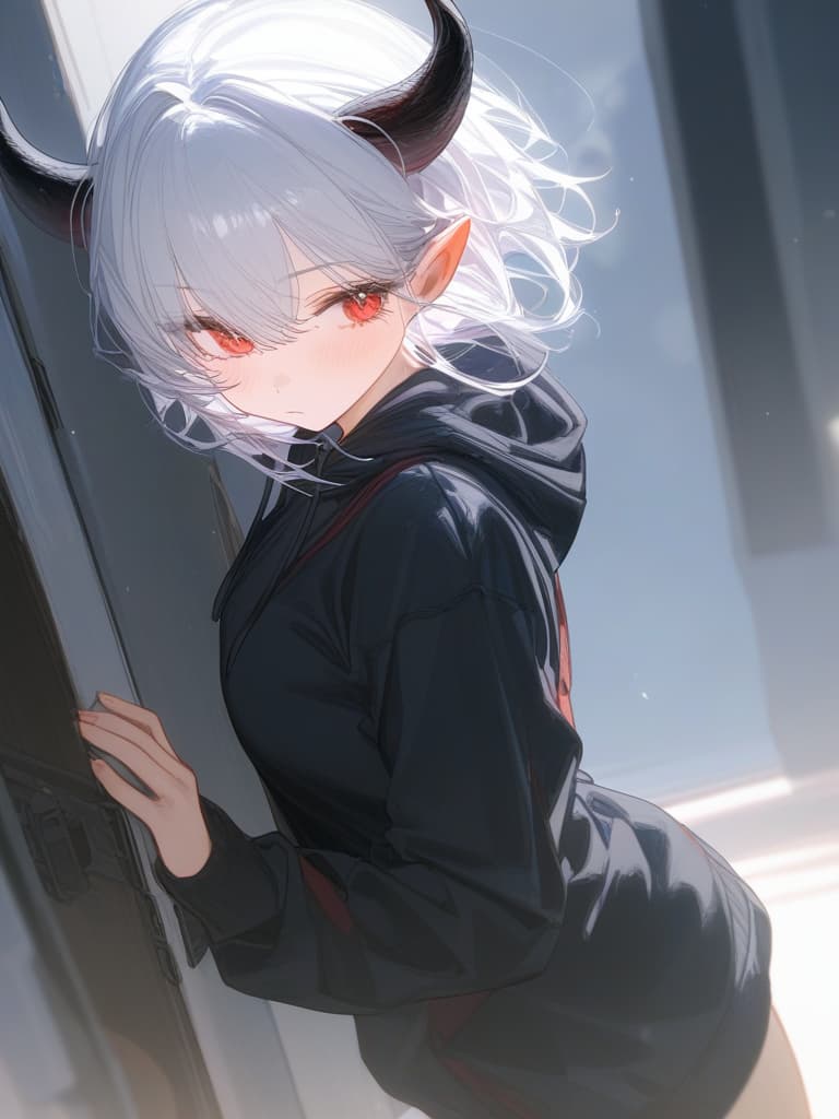  there are horns, girls, sharp ears, hinges, short hair, white hair, dragon's daughter, black horns, red eyes, hoodies, 1 person, alone, alone, masterpiece, best quality,8k,ultra detailed,high resolution,an extremely delicate and beautiful,hyper detail