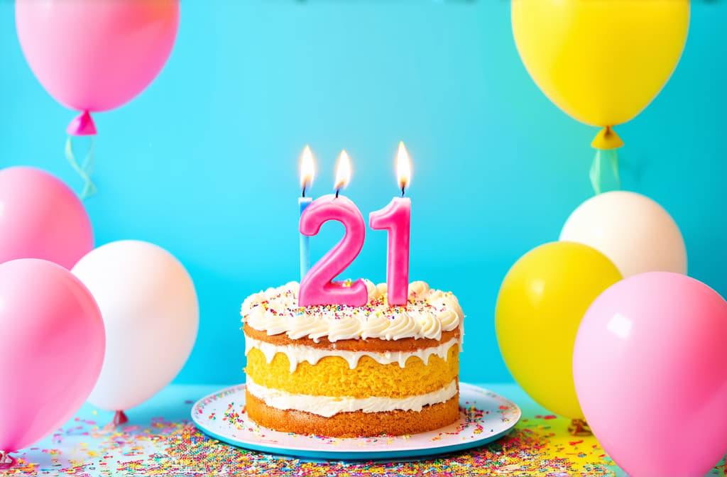  birthday cake with candles in shape of number 21 surrounded by balloons and confetti, pastel colors ar 3:2 {prompt}, maximum details