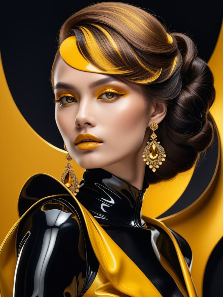  Golden yellow and sleek black color palette, captivating and inviting expression, exuding elegance and charm, magnetic beauty, intricate details, high contrast, luxurious feel, digital art, female, glossy finish, striking composition, dynamic lighting to enhance features.