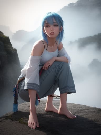  A barefoot girl Blue hair , barefoot , grey eyes,long pants,, High quality, High resolution, highly detailed, cinematic lighting, intricate, sharp focus, (centered image composition), (professionally color graded), ((bright soft diffused light)), volumetric fog, trending on instagram, HDR 4K, 8K