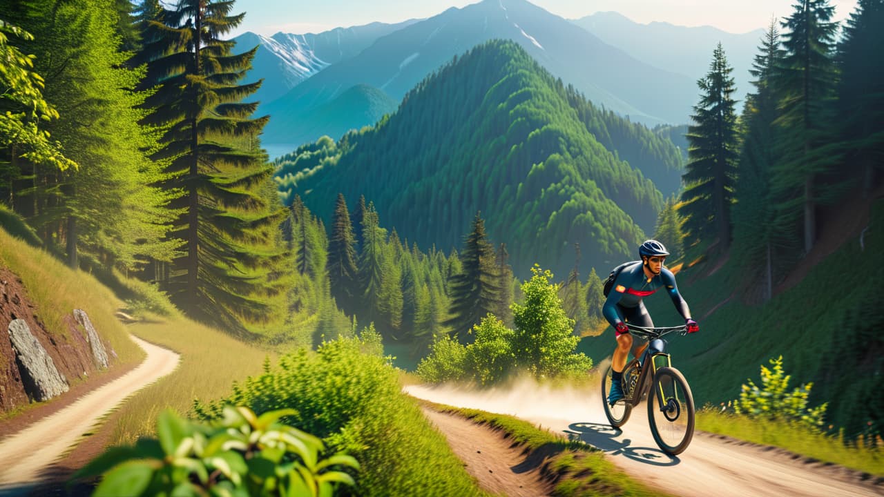  a split scene showcasing a rugged mountain biker gliding down a rocky trail on a sunny day, contrasted with a serene runner navigating a winding forest path, surrounded by vibrant green trees and distant mountains. hyperrealistic, full body, detailed clothing, highly detailed, cinematic lighting, stunningly beautiful, intricate, sharp focus, f/1. 8, 85mm, (centered image composition), (professionally color graded), ((bright soft diffused light)), volumetric fog, trending on instagram, trending on tumblr, HDR 4K, 8K