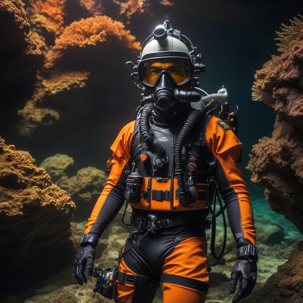  jb name, male, rebreather diver, thick loops, helmet in orange, cave diver, underwater, face view diver, fresh water, shoulder view, jb, cyberpunk style