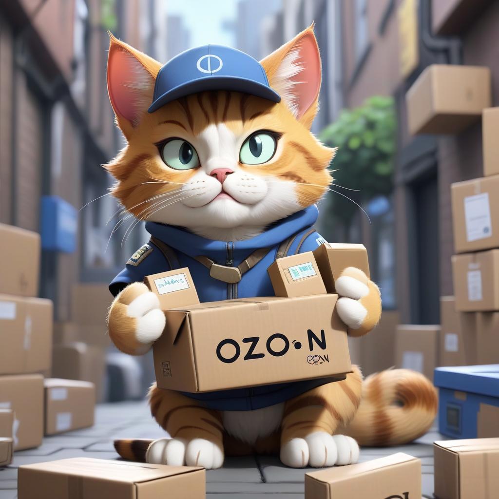  anime artwork the character in the style of a courier cat, holds a box in his paws, the word "ozon" is written on the box . anime style, key visual, vibrant, studio anime, highly detailed