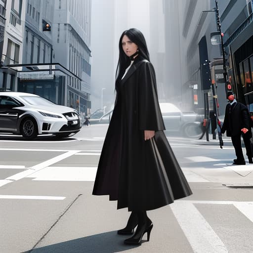  A woman with long hair and a black jacket is looking at the camera. Apply the Following Styles 3Drenderer hyperrealistic, full body, detailed clothing, highly detailed, cinematic lighting, stunningly beautiful, intricate, sharp focus, f/1. 8, 85mm, (centered image composition), (professionally color graded), ((bright soft diffused light)), volumetric fog, trending on instagram, trending on tumblr, HDR 4K, 8K