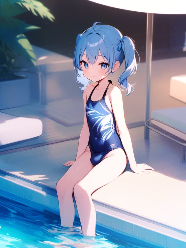  women's elementary students, twin tails, rich smiles, cute smiles, navy blue swimwear, old swimwear, swimwear, simple, male, shaped clear , shaped clear, clear stem, shaped crisp, male bulge,, front. the whole body, pool side,