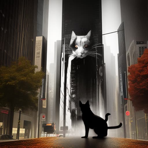  image with (double exposure: 1.4). watercolor, spirit ink. the monotypic effect. image of the autumn city through the silhouette of a cat. autumn cityscape. rain, bright foliage, lights. visual effects and attractiveness. in the manner of greg kraol simkins. blurring, light tones, blurred edges. high quality, hd