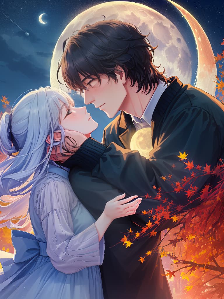  ((two people,man and woman,having feelings for each other,profile close up: 1.4)){large sky,night sky,full moon,((man and woman looking up at moon: 1.4)),park with beautiful autumn leaves}(blur effect),high resolution,absurd,adopted,