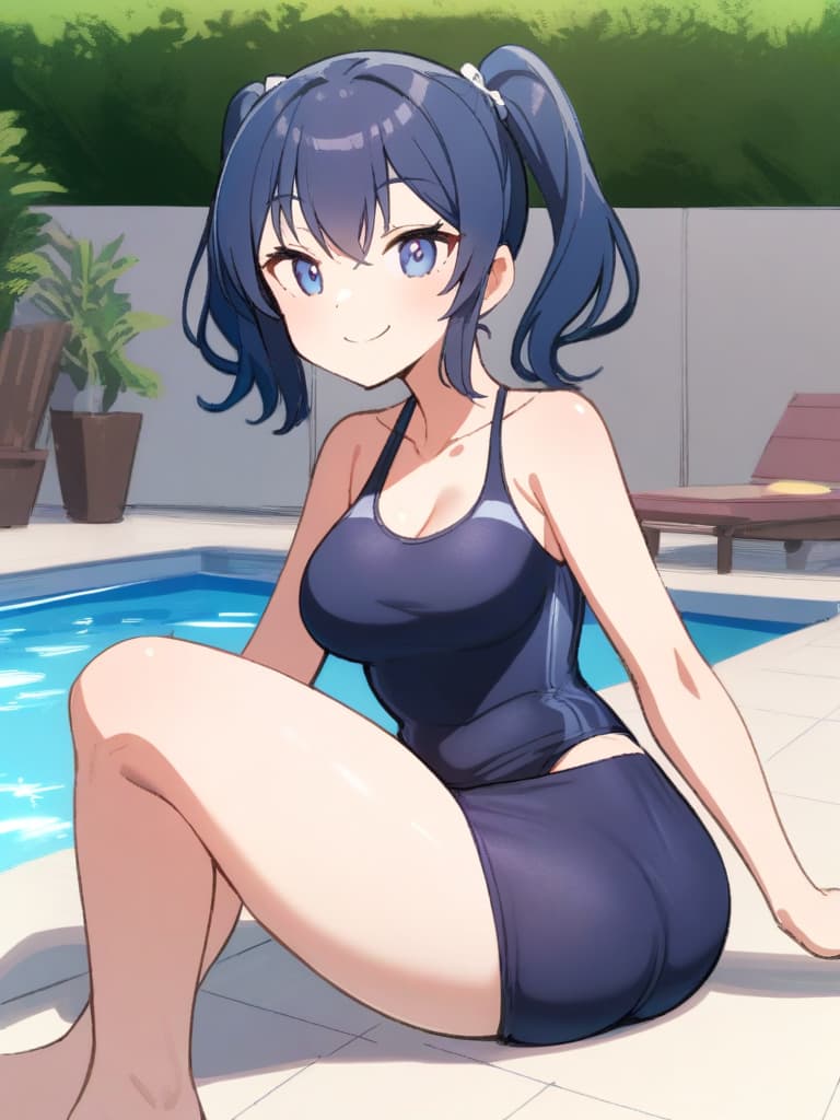  women's elementary students (male), twin tails, cute smiles, rich s, low stature, dark blue swimwear, old swimwear, , simple, , (bulge), male (bulging), front, whole body, pool side,