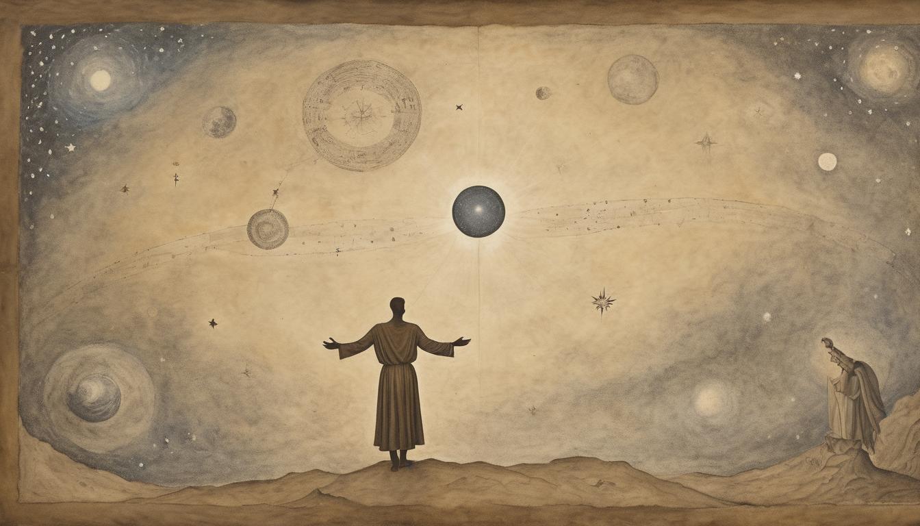  on parchment, surrealism++, individual standing on a celestial plane, stars around them, soft light from above, contemplative, sense of purpose and realization(mysterious, provocative, symbolic)++