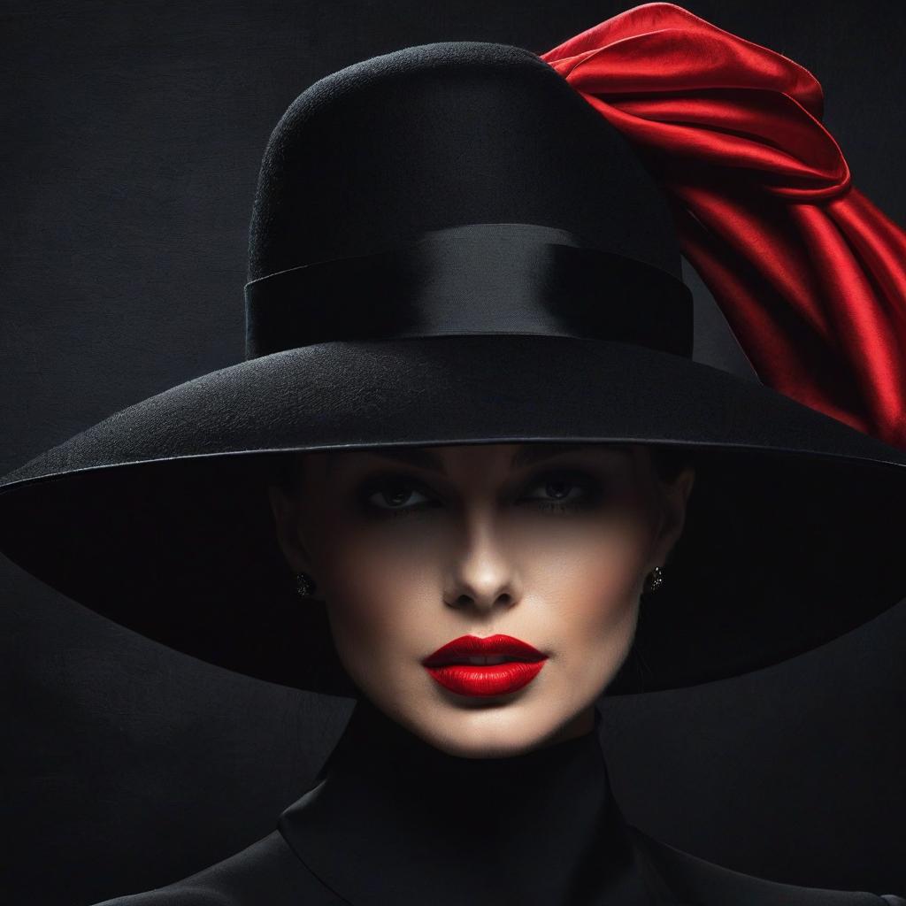  surrealist art close up of a woman in a black hat, on a dark background, vector graphics, author kuno veeber, computer graphics on trend, digital art, laurie earley,, elegant oil painting, red cloth, parted lips, stunning, 1024 pixel profile photo, glamorous . dreamlike, mysterious, provocative, symbolic, intricate, detailed