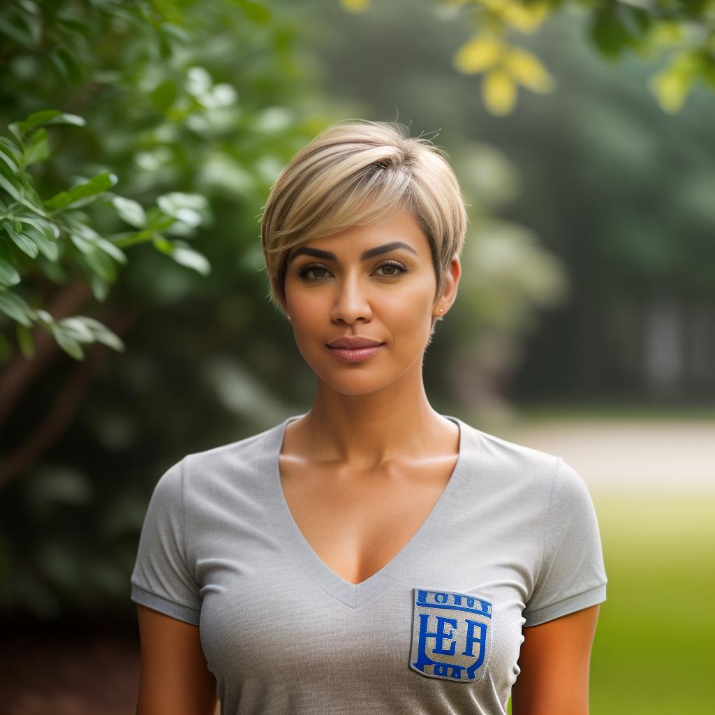  (((realistic full torso frontal head shot of a light brown to medium brown skin tone woman))), milagros caridad jiménez, ((hispanic heritage)), immature face, blue eye color, (pixie cut hair style), ((blonde hair color)), ((skinny body type)), flat size, small size, (immature straight broad nose), (immature prominent cheekbones), (immature defined jawline), (immature thin lips), (immature high forehead), (immature even eyebrows), (immature dimpled chin), standing straight looking directly into the camera,((wearing fitted polo shirt with deep v neck and monogrammed pocket)), backyard background, 1, best quality, highest quality, award winning photo, masterpiece, raw, professional photography, photorealism, sharp focus,  hyperrealistic, full body, detailed clothing, highly detailed, cinematic lighting, stunningly beautiful, intricate, sharp focus, f/1. 8, 85mm, (centered image composition), (professionally color graded), ((bright soft diffused light)), volumetric fog, trending on instagram, trending on tumblr, HDR 4K, 8K