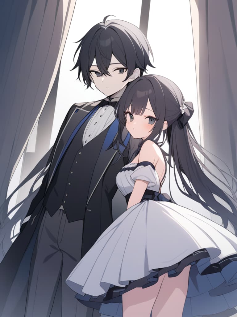  the young lady and the butler(1girl,1boy),boy is black hair and black eyes,girl is black and long hair