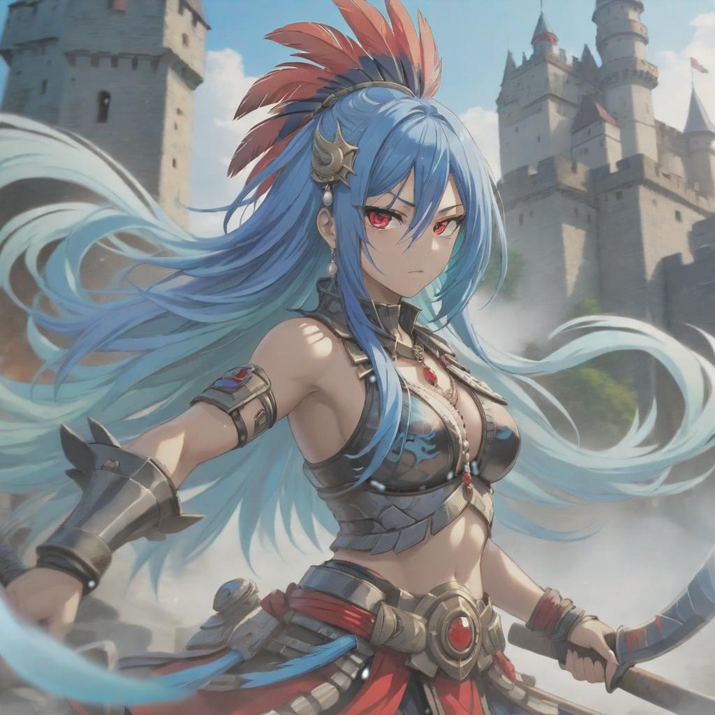  long exposure photo of portrait of strong rage amazonas warrior. red eye. long blue hair. tilting head down, lightgreen mantle, shoulder pad feather, accessory necklace with pearls on the forehead, against the background of the castle siege . blurred motion, streaks of light, surreal, dreamy, ghosting effect, highly detailed, sticker, hkmagic