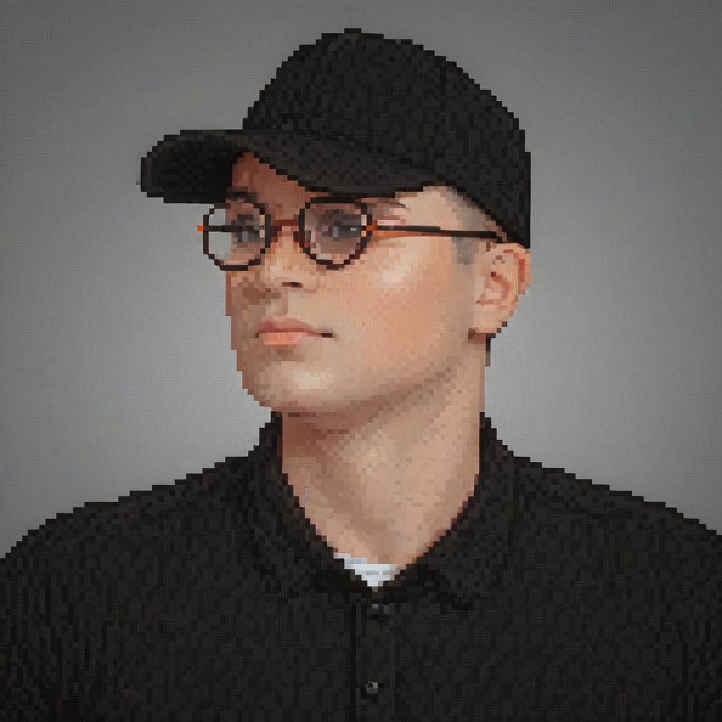  pixel art face looks straight, big black round glasses, cap orange . low res, blocky, pixel art style, 8 bit graphics