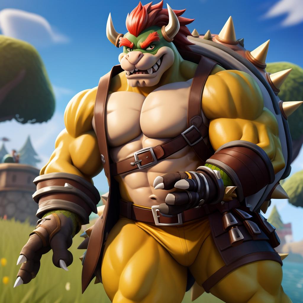  Male bowser (fortnite), full body, high quality resolution, gay, open eyes, digital art, masterpiece, 4k, fine details,