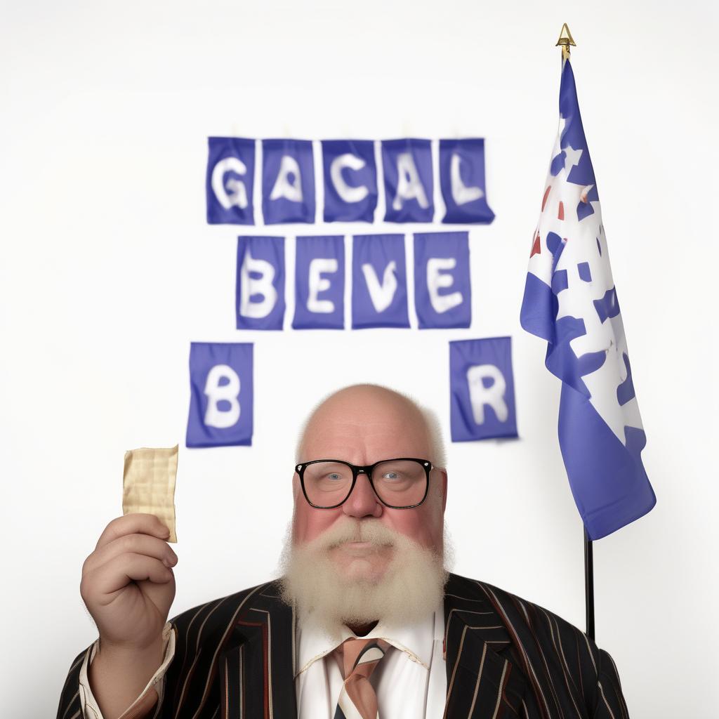  fluffernutter morbidly obese very fat overweight elderly old geriatric caucasian in suitcoat wearing glasses with scruffy white beard and flags behind