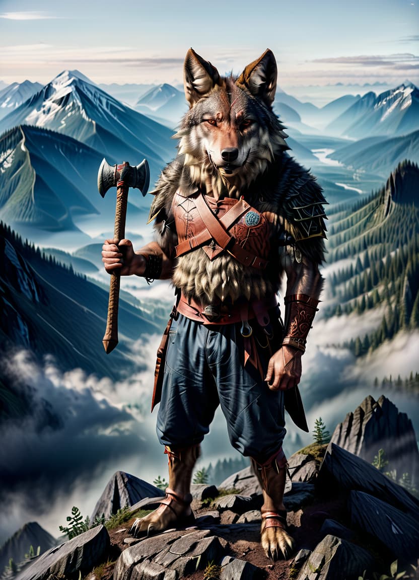  an evil wolf with a human body stands on the side of a mountain, his body is dressed with scandinavian armor, in his hands he holds an axe with runes,, civitai