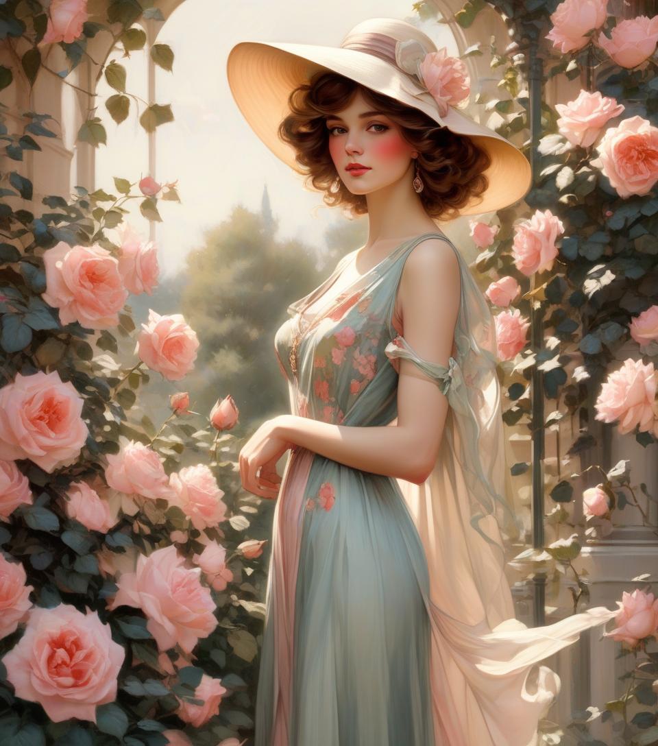  hyperrealistic art a woman in a hat and dress standing in a rose garden, inspirado em harrison fisher, retrato art nouveau, beautiful retro art, no estilo de arte de bowater, arte digital de um elegante, alphonse mucha e rossdraw, mucha estilo 4k, arte no estilo de guweiz, 1920s vibes, exquisite digital illustration . extremely high resolution details, photographic, realism pushed to extreme, fine texture, incredibly lifelike