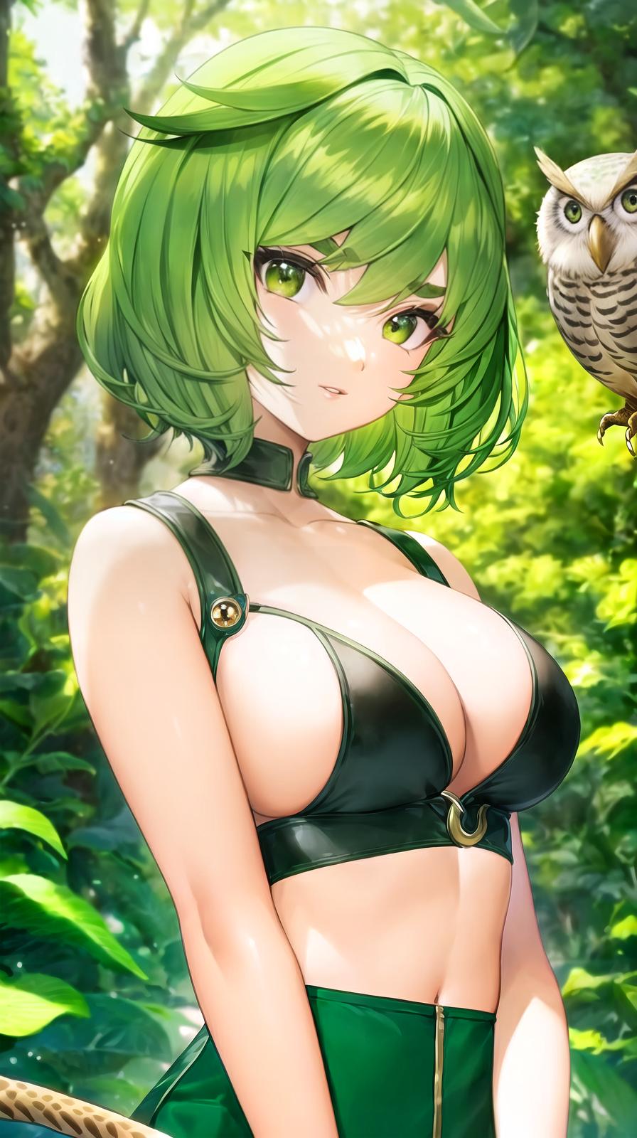  master piece , best quality,green hair, bobbed hair, girl, round eyebrows, anthropomorphic owl