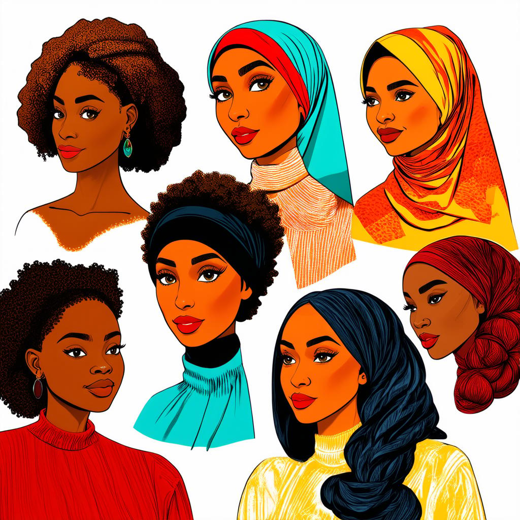  different beauty. set of different female heads in headscarf. different races and nationalities. colored hand drawn illustration {prompt}, maximum details