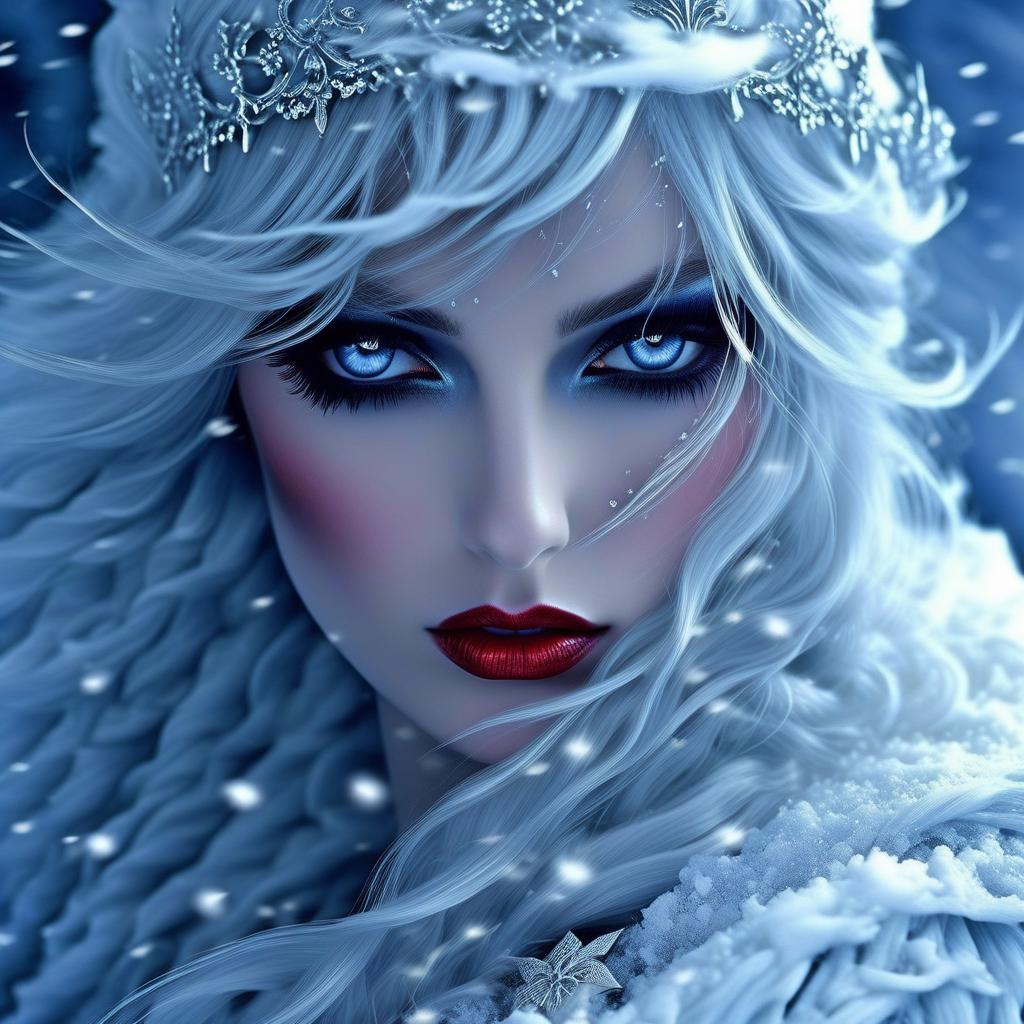  gothic style ((i am the dream of the sword, the parting flame, the food of crows. and you shall dance with me henceforth, the king's youngest son)). (winter sun). incredibly beautiful, ((blue white, as if moulded from snow)) . (her scarlet lips quivered, her coal lashes fluttered) , her fingers reached for (a string of pearl beads) . (style):fantasy, fairy tale, scottish legends, high quality, close up, (icy, wind, blizzard) . dark, mysterious, haunting, dramatic, ornate, detailed