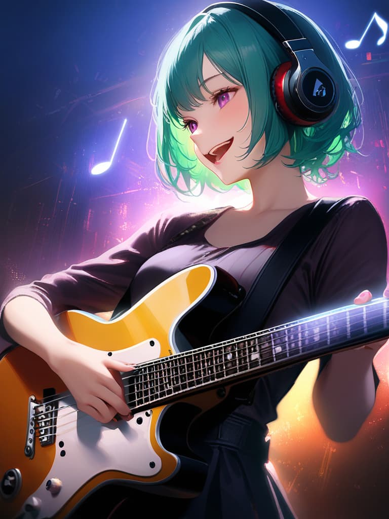  1girl,18yo,(((high school girl))),(((playing with an electric guitar:1.35))),green hair,short hair,purple eyes,headphone,very loud laugh,(((happy pose))),(((metallic focus))),music note effect,realistic