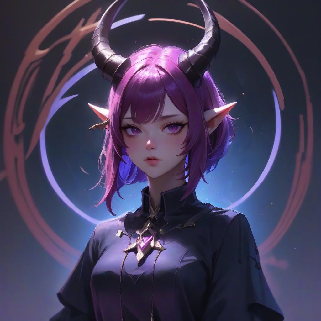  a woman with purple hair and horns on her head, a character portrait, by yang j, fantasy art, high definition anime art, yanjun chengt, noire, artwork in the style of guweiz