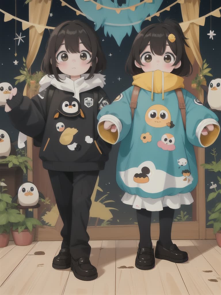  Penguin, Yuru Chara, Mascot, Beautiful Beauty Couple, 💩: 0.6, 💩: 0.2, 💩, 💩, 💩,, masterpiece, best quality,8k,ultra detailed,high resolution,an extremely delicate and beautiful,hyper detail