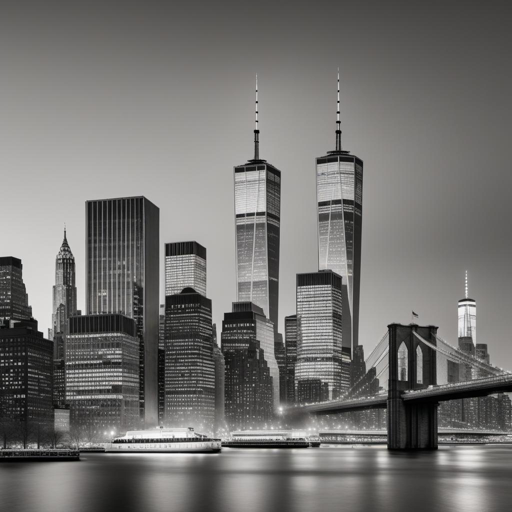  A straight line drawing of the Manhattan skyline with the Twin Towers prominently included, similar to the minimalistic style shown in the provided image. Ensure the drawing is simple, clean, and focuses on the iconic buildings and structures. hyperrealistic, full body, detailed clothing, highly detailed, cinematic lighting, stunningly beautiful, intricate, sharp focus, f/1. 8, 85mm, (centered image composition), (professionally color graded), ((bright soft diffused light)), volumetric fog, trending on instagram, trending on tumblr, HDR 4K, 8K