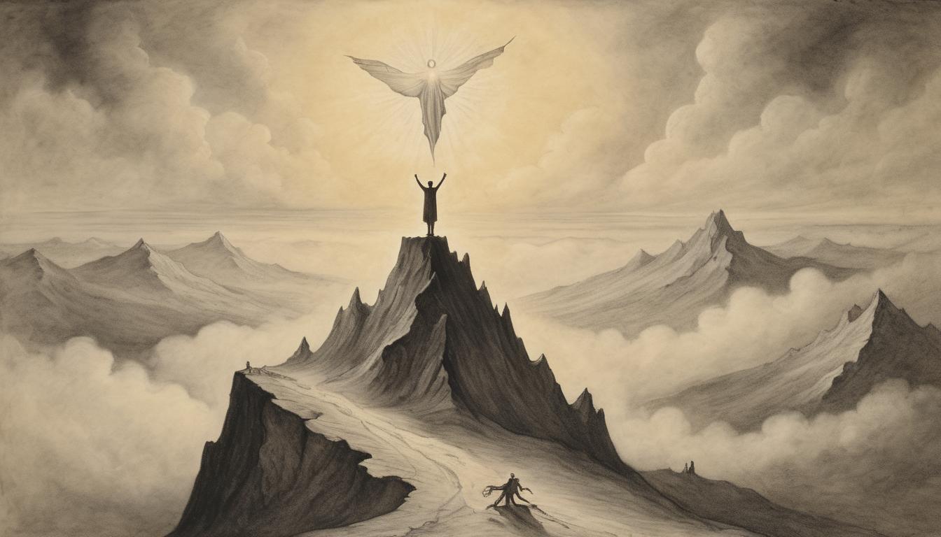  on parchment, surrealism++, a figure standing on a mountain peak, arms raised towards the sky, surrounded by an otherworldly light, ethereal, transcendent, awe inspiring(mysterious, provocative, symbolic)++